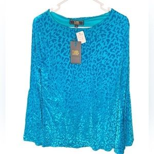 Lucky & Blessed teal velvet leopard animal print bell sleeve retro top NWT small